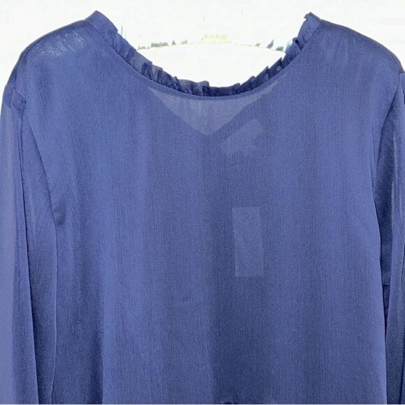 LOFT M Navy Chiffon Ruffle Neck Back V-Neck Sheer Sleeve Peplum Blouse - Picture 4 of 14